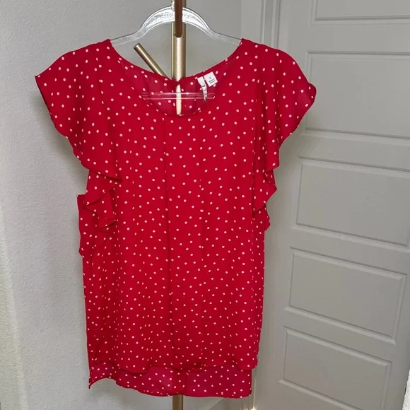 Elle polyester kinda sheer Red Blouse with White Polka Dots - Picture 1 of 7